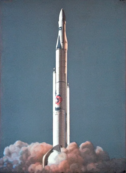 Image similar to detailed 1 9 5 0 s stencil art of the saturn v rocket, cinematic lighting, dawn, apollo space program