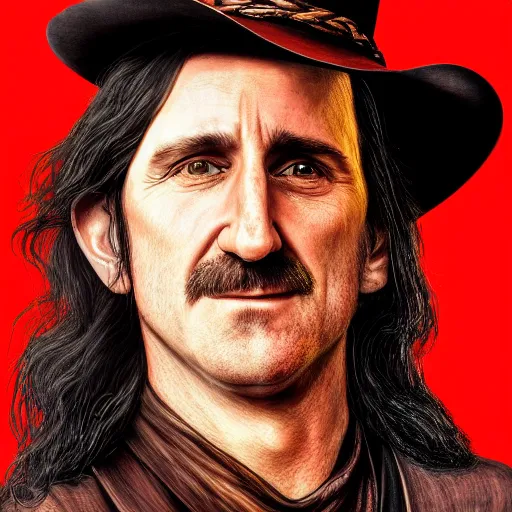 Prompt: 8k HDR hyperrealism portrait photo of Geddy Lee, in the style of Red Dead Redemption 2