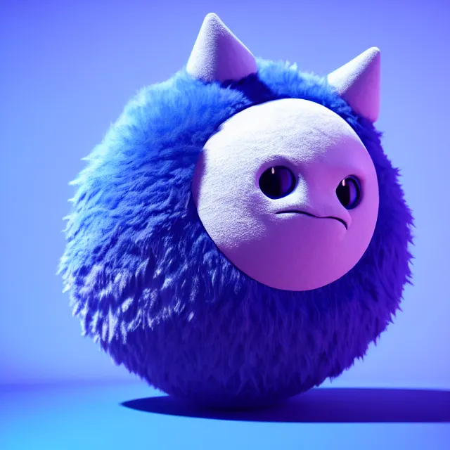 Image similar to a fluffy indigo ball with tiny paws poking on opposite sides and an anthropomorphic male dragon head at the top, soft colors, spherical, round, cute, unreal engine 5, octane render, vivid