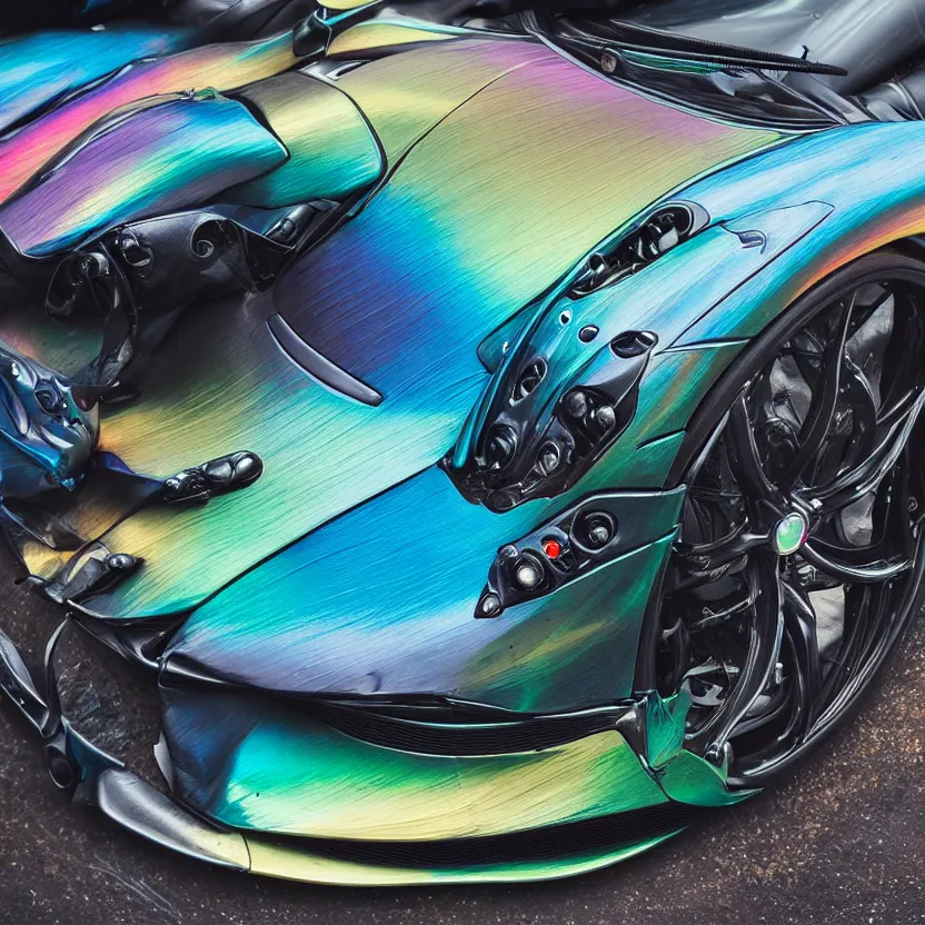 Prompt: close - up of an iridescent rainbow pagani huayra in an empty parking lot, after crashing crumpled body, smoke, melted plastic, puddles of fluid, 4 k, highly detailed, award winning, look at all that detail!