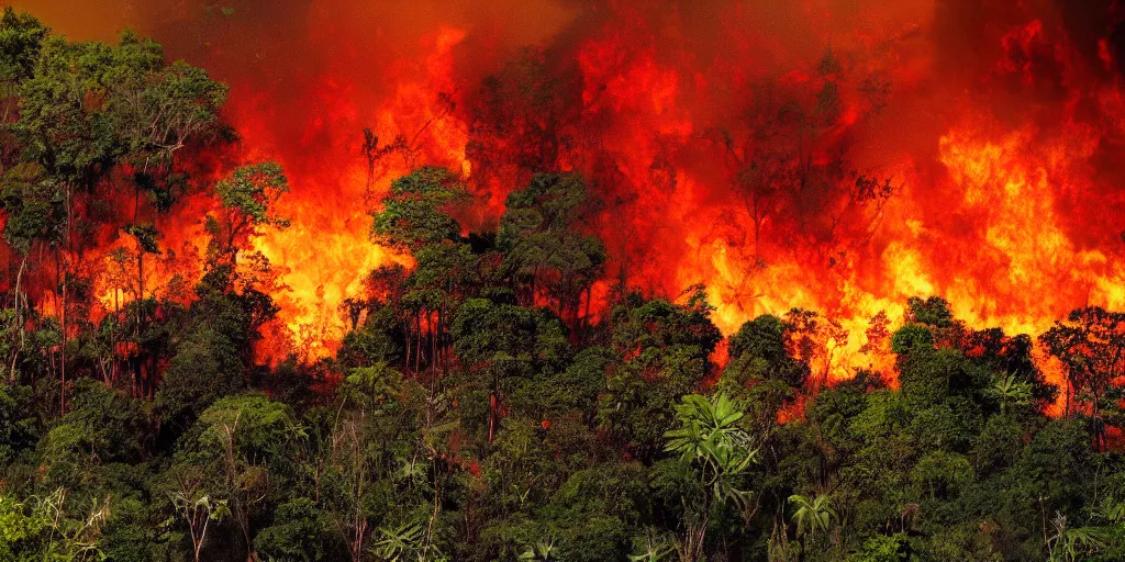 Prompt: amazon forest burning, apocalyptic, very detailed, wide - angle lens, digital art.