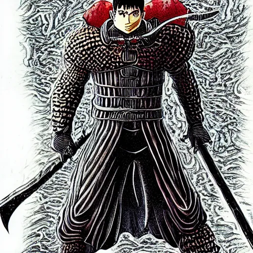 Image similar to Guts, Berserk, in the style of kentaro miura, very detailed, masterpiece, award winning, greatsword, coloured, manga