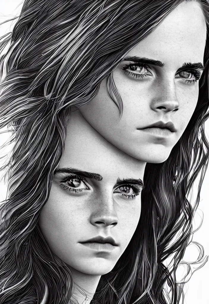 Prompt: highly detailed illustration, character portrait of Emma Watson, digital art by Alex Ross and Moebius 4k, 8k, HD