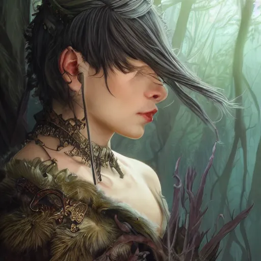 Image similar to cinematic side portrait witch, adventurer outfit large cloak, fantasy forest landscape, dragon scales in hair, supervillain, fantasy magic, undercut hairstyle, dark light night, intricate, elegant, sharp focus, illustration, highly detailed, digital painting, concept art, matte, art by WLOP and Artgerm and Greg Rutkowski and Alphonse Mucha, masterpiece