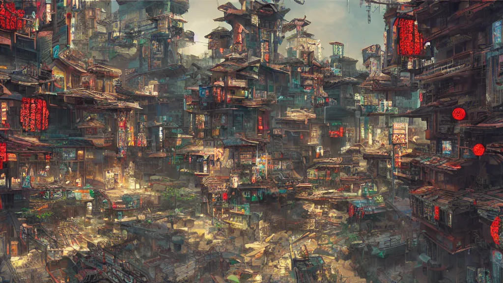 Image similar to oriental, cyberpunk village, concept art, hyperrealistic, highly detailed, 4 k hd