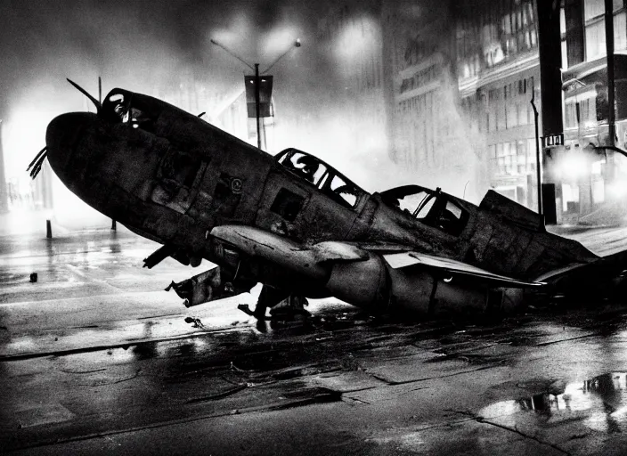 Prompt: black and white photograph of a crashed military jet in downtown kansas city missouri, rainy and foggy