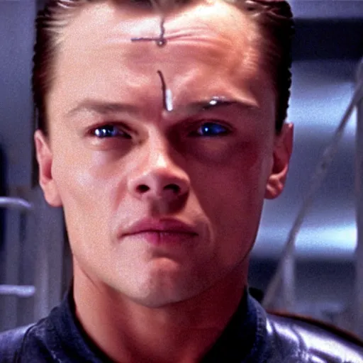 Image similar to film still of leonardo di caprio as t - 1 0 0 0 walking through prison bars in terminator 2 1 9 9 1