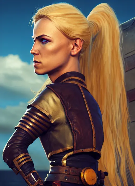 Image similar to An epic fantasy comic book style portrait painting of tall blonde haired female sky-pirate with a serious face and a pony tail in front of a metal gangplank, unreal 5, DAZ, hyperrealistic, octane render, cosplay, RPG portrait, dynamic lighting