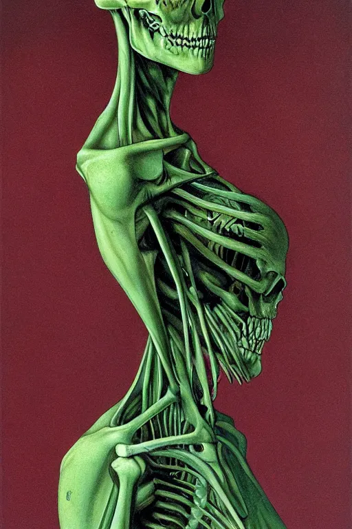 Image similar to creepy portrait of a skeletal zombie female green winged angel by wayne barlowe