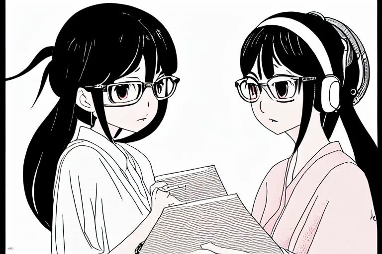 Image similar to portrait of two wise and very beautiful women discussing some texts appearing in a computer screen, art by mamoru hosoda, intricate, elegant, highly detailed, smooth, sharp focus, artstation