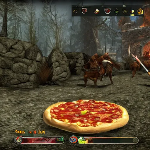 Image similar to pizza hut promotional crossover pizza shield retrieval side quest skyrim video game screenshot the elder scrolls