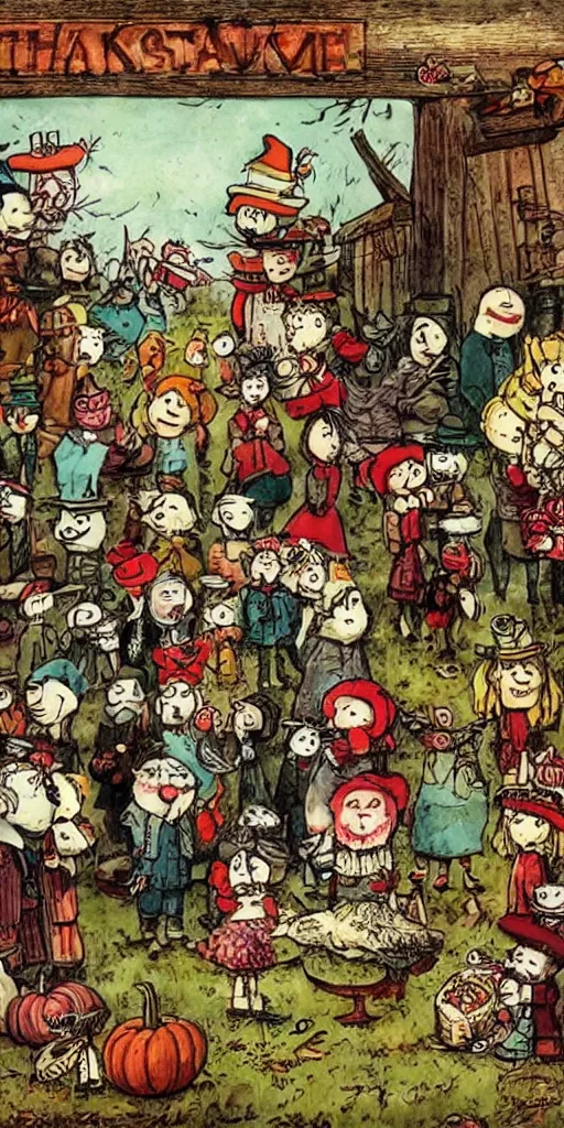 Prompt: a vintage thanksgiving scene by alexander jansson and where's waldo