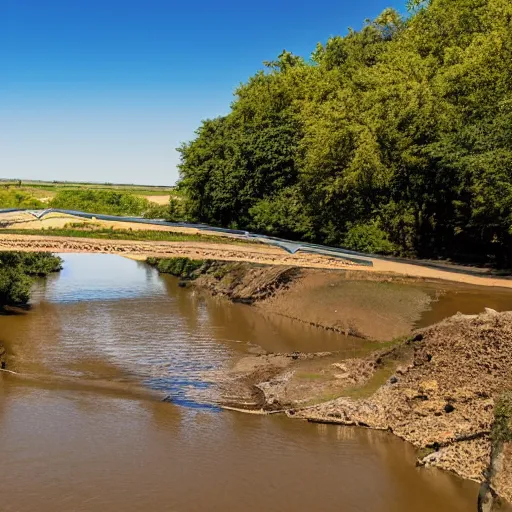 Prompt: drought of the river nearby nijmegen with a bridge over the river and single bike standing in the middle of the dried up river, picture, 4 k, realistic, sunny weather, blue sky