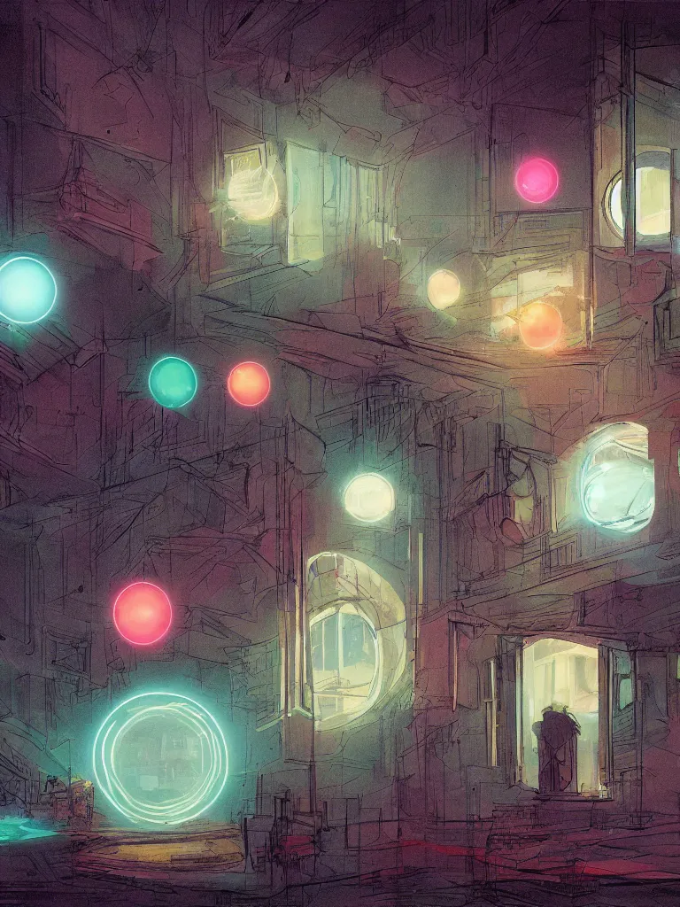 Image similar to neon orbs shining through a window by disney concept artists, blunt borders, rule of thirds