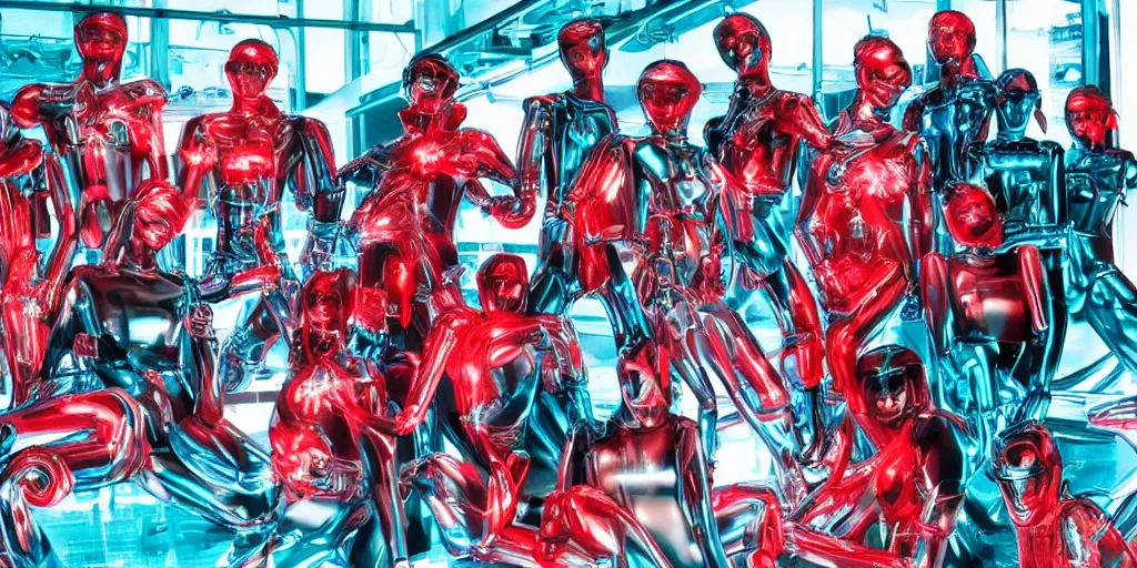 Image similar to !13 diverse cybersuits on !one_side of a reflective !cybernetic table, !!posing_as_last_supper cinematic lighting, detailed glowing red implants, teal, satin, !!highly detailed