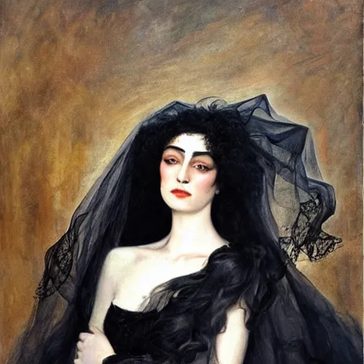 Prompt: oil painting of princess Vulvine, Hungarian, curly dark hair, fair skin, funeral veil, dark ominous by Georgia o Keeffe, by Marcel Jankowicz, Paul Ruben's, by Gustave Moreau, concept art, master, realism, romantism