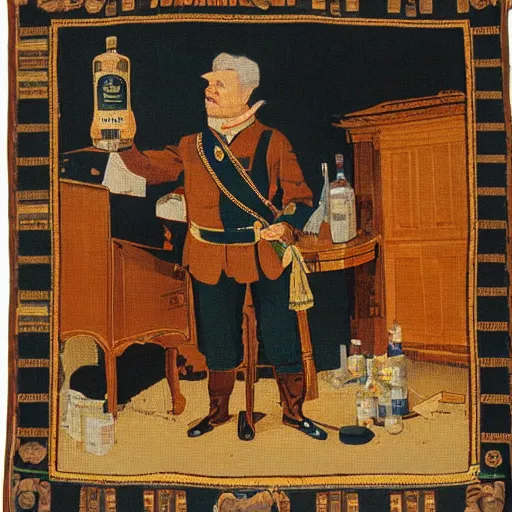 Image similar to a tapestry of a man in a uniform observing the sealing of a very important bottle of spirits