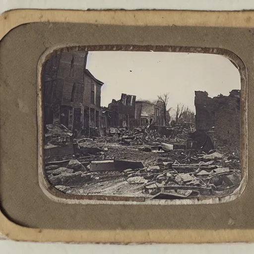 Image similar to tintype photograph of thriving village located in ruins of new york city, destroyed background city, small village, 2 0 9 0 s, crowds of people