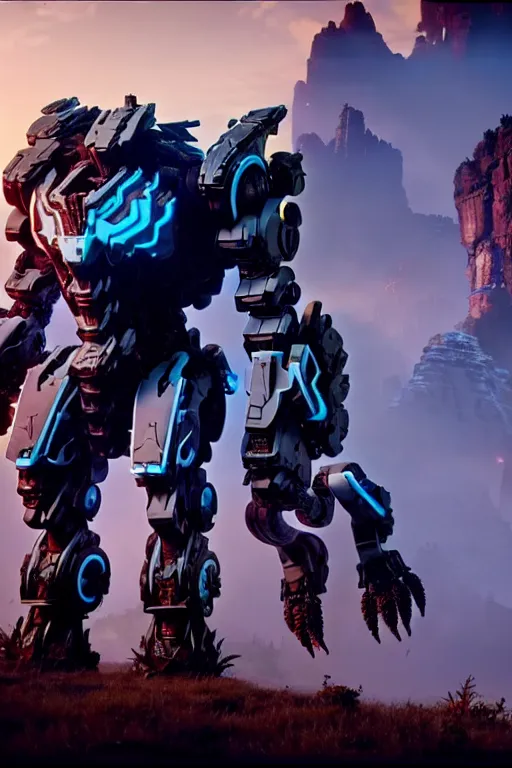 Image similar to a cinematic still from horizon zero dawn and pacific rim and westworld, full body mech, armored core, intact humanoid servo, octane render, nvidia raytracing demo, masterpiece, aged armor plating, decipticon armor plating, aggressive head, endoekeleton exposure