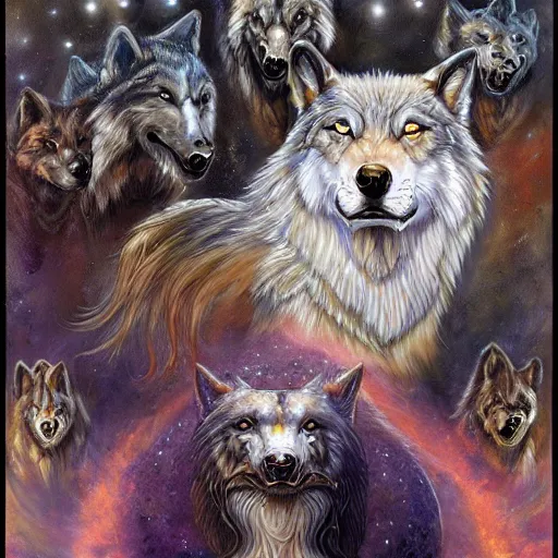 Prompt: enlightened pack of spirit wolves MICHAEL DIVINE and by AMANDA SAGE , trending on artstation