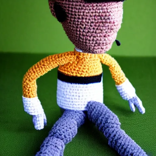 Image similar to buster keaton made of yarn, crocheted caricature of buster keaton, photorealistic, soft, cute, trending on artstation