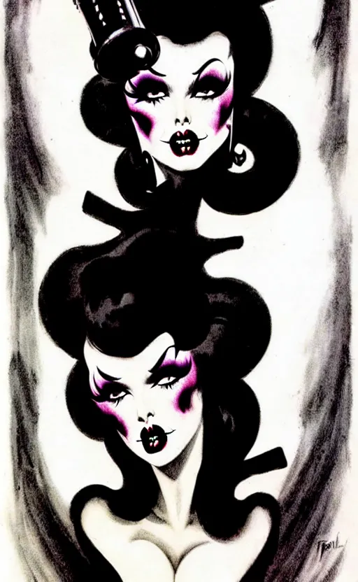 Image similar to burlesque psychobilly, rockabilly, punk, goth girl with a detailed face and black hair, white background, illustration by frank frazetta