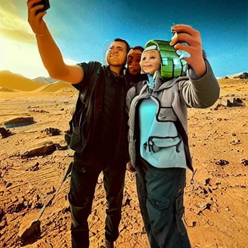 Image similar to “ our humanoid descendants in the year 2 2 0 0 taking a selfie on their sci - fi planet, award - winning details ”