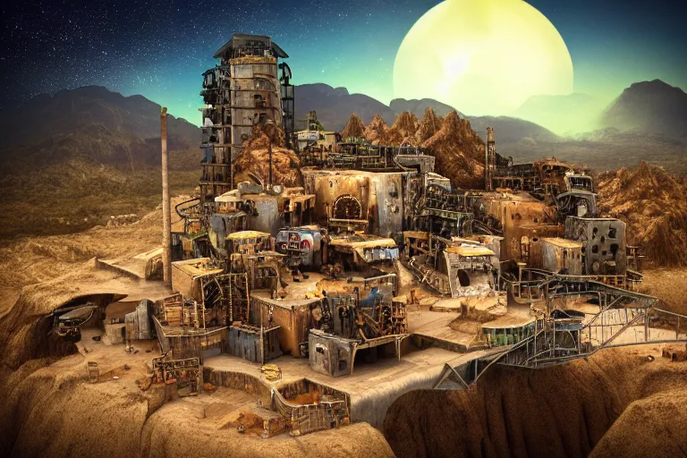 Prompt: favela coaster cathedral bunker, desert environment, industrial factory, cliffs, bright, milky way, award winning art, epic dreamlike fantasy landscape, ultra realistic,