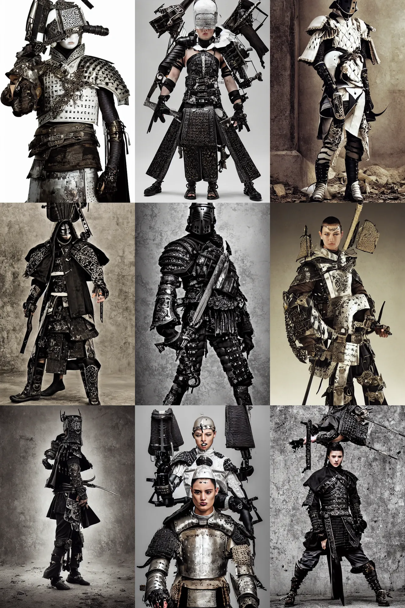 Prompt: fashion model with white ancestral ornate medieval tactical gear, black leather samurai garment, long shot, dark abandoned cyberpunk city, by irving penn and storm thorgerson, ren heng, peter elson,