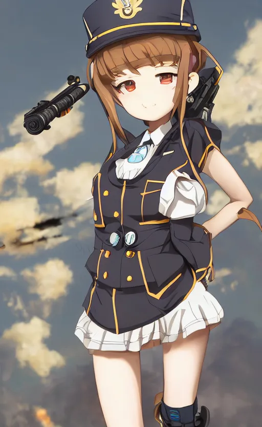 Image similar to toy, school uniform, portrait of the action figure of a girl, anime character anatomy, girls frontline style, anime figure, dirt and smoke background, flight squadron insignia, realistic military gear, 170mm lens, round elements, photo taken by professional photographer, character design by shibafu, trending on instagram, symbology, 4k resolution, matte, empty hands, realistic military carrier