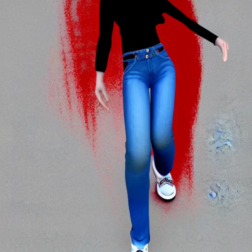 Image similar to 3 d octane render character design of a latina cute girl using tight white and red raglan sleeves with tight blue jeans and cool shoes, having silky long black hair with bangs