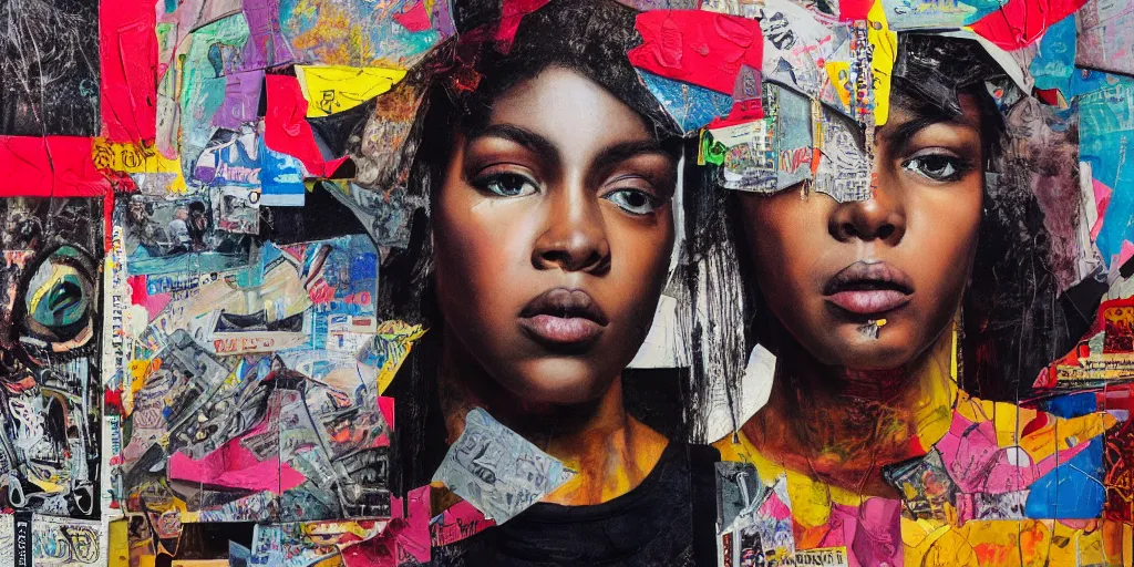 Image similar to 9 0 s hip - hop fashion, collage paper and tape, acrylic on canvas and hyperrealism mixed with expressionism, high resolution, cinematic, unreal 6, breathtaking detailed, by peter bankov