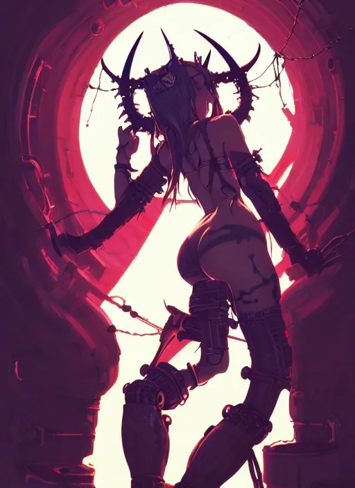 Image similar to portrait of cute cyborg succubus girl from behind with crown of thorns and horns covered with runic tattoos, warhammer, cyberpunk by atey ghailan, by greg rutkowski, by greg tocchini, by james gilleard, by joe gb fenton, by in kaethe butcher, dynamic lighting, gradient light blue, red, blonde cream and white color in scheme, grunge aesthetic