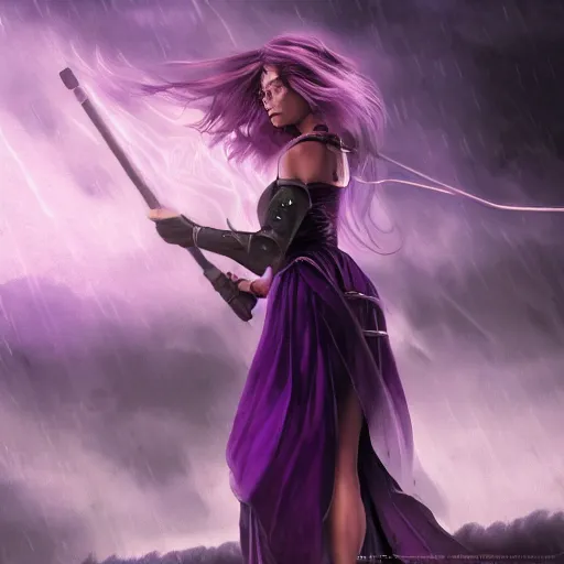 Image similar to a woman in a purple dress holding a staff and dark magic, storm and rain behind her, action scene, magical concept art, artstation contest winner, fantasy art, dark and mysterious, artstation hd, 1 2 0 mm lens, hero pose, detailed, 8 k, digital art