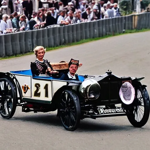 Image similar to lady catherine de bourgh drives her barouche box on the formula 1 circuit of le mans. cinematic, technicolor, highly intricate