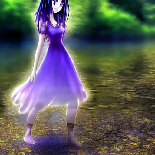 Image similar to advanced digital anime art, Sakimichan , a gorgeous high school girl with long gold and silver hair wearing a violet dress and bare feet walking through a crystal clear river, DOF, Gaussian Blur,