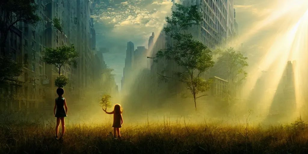 Prompt: textless sci - fi scene future overgrown new york city street, little girl alone in manhattan holding the left hand of giant robot, forest punk, crepuscular rays, epic scene, hyper realistic, photo realistic, overgrowth, cinematic atmosphere, ethereal lighting,