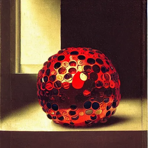 Prompt: chrome spheres on a red cube by ambrosius bosschaert