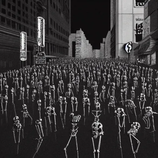 Image similar to photo, a giant crowd of silvery shiny refective black latex claymation skeletons by ray harryhausen inside a 1980's new york nighttime street, dramatic lighting, blue moonlight, distant flickering street light, edge lighting, ray traced lighting