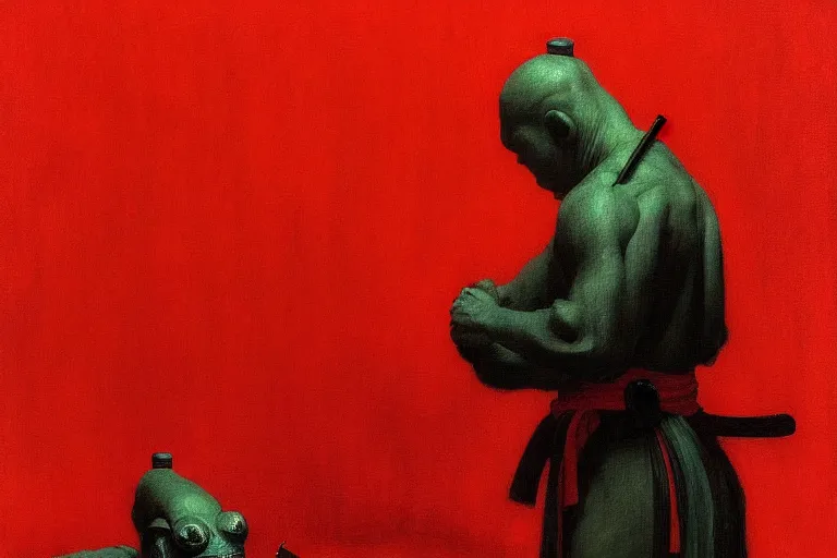 Image similar to only with red, a red samurai do seppuku, tokio, a lot of frogs watch, in the style of beksinski, parts by edward hopper, parts by rodcenko, parts by yue minjun, intricate and epic composition, red by caravaggio, insanely quality, highly detailed, masterpiece, red light, artstation, 4 k