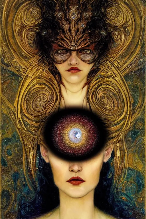 Image similar to Intermittent Chance of Chaos Muse by Karol Bak, Jean Deville, Gustav Klimt, and Vincent Van Gogh, beautiful surreal face portrait, enigma, destiny, fate, inspiration, muse, otherworldly, fractal structures, arcane, ornate gilded medieval icon, third eye, spirals