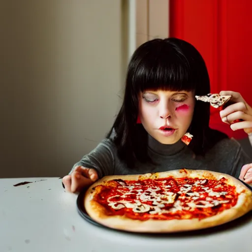 Prompt: emo girl eating pizza and cheerios for lunch