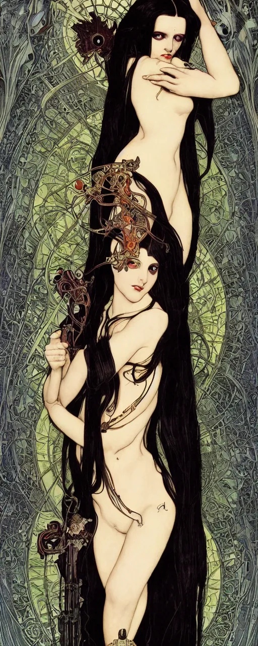 Image similar to striking sensual gorgeous sci - fi art nouveau portrait of wednesday addams as the dark goddess lilith by michael kaluta, chris achilleos and alphonse mucha, photorealism, extremely hyperdetailed, perfect symmetrical facial features, perfect anatomy, ornate declotage, weapons, circuitry, high technical detail, determined expression, piercing gaze