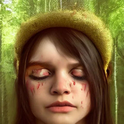 Image similar to a crying girl in the woods, sci - fi, detailed portrait, 3 d