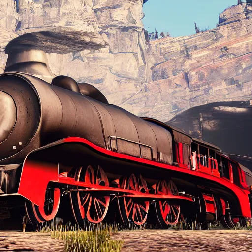 Image similar to futuristic sleek steam locomotive in red dead redemption 2