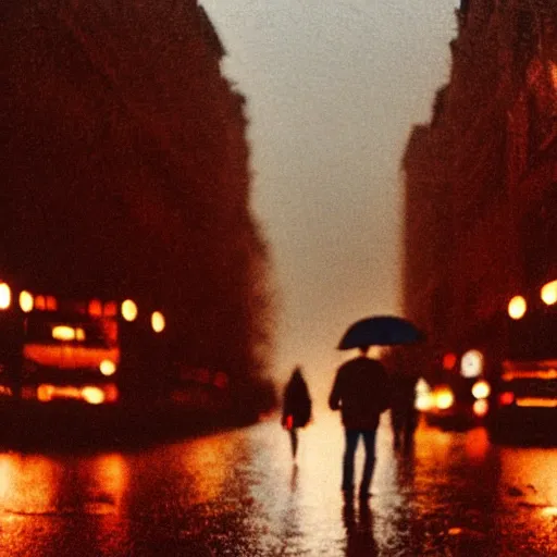 Image similar to street of paris photography, night, rain, mist, lovers holding hands, cinestill 8 0 0 t, in the style of william eggleston