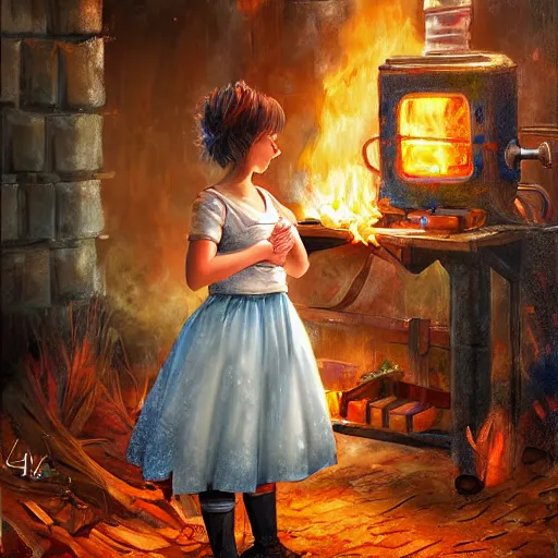 Image similar to the blacksmits’ daughter, working in the forge, Blue eyes, a smile at her face, fantasy art in the style of Lilia Alvarado,