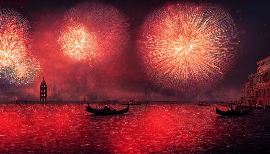 Prompt: Digital painting of fireworks in Venice by night, wide view, volumetric light, hyperdetailed, artstation, cgsociety, 8k