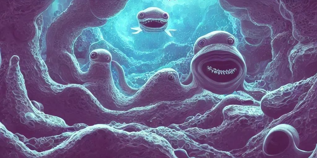 Image similar to of an intricate deep sea with strange cute friendly happy creatures with huge eyes, mouth, long tongue, round teeth and goofy face, appearing from the background, in the style of gehry and gaudi, macro lens, shallow depth of field, ultra detailed, digital painting, trending artstation, concept art, illustration, cinematic lighting, photorealism, epic, octane render