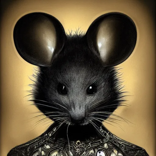 Image similar to a photograpic portrait of a anthropomorphic mouse wearing black clothes, black hair, grey skin, grey mouse ears, fantasy, intricate, elegant, highly detailed, digital painting, artstation, smooth, sharp focus, illustration, art by artgerm and H R Giger and alphonse mucha